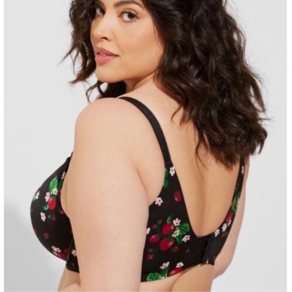 Torrid XO Back-Smoothing Push-up Plunge Strawberry Black Print Bra W-811 Sz 44C - Picture 2 of 11
